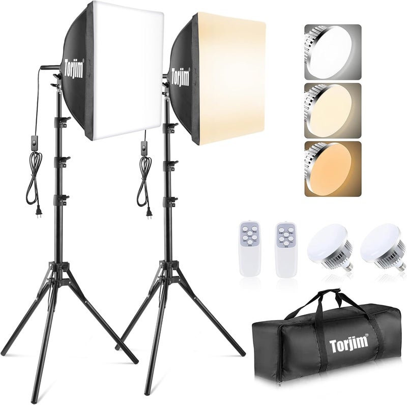 Torjim Softbox Photography Lighting Kit, 16'' x 16'' Professional Softbox Lighting Kit with 85W 3000-7500K LED Bulbs, Studio Lights for Photography/Video Recording/Live Streaming/Portraits Shooting - Image 1